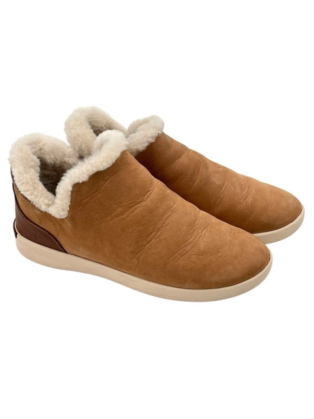 OLUKAI Women's Tan Malua Hulu Fur Lined Leather Slip On Booties US 7